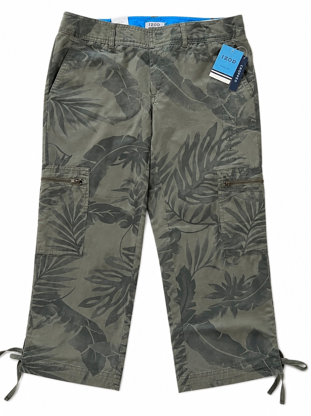NWT IZOD Hot Tropics Tropical Print Cargo Capri Pants Olive Green Size 4